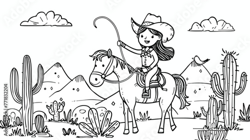 Coloring page with a cute cowgirl on a horse with l