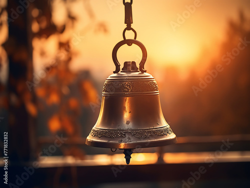 Sunset provides a blurred backdrop to a bell.