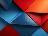 Vibrant background displays geometric shapes in blue, red, and orange.
