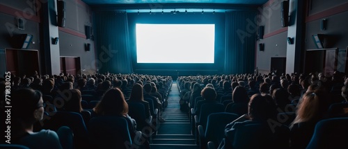 Cinema full of people watching movie blank screen photo