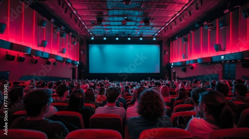 Cinema full of people watching movie blank screen