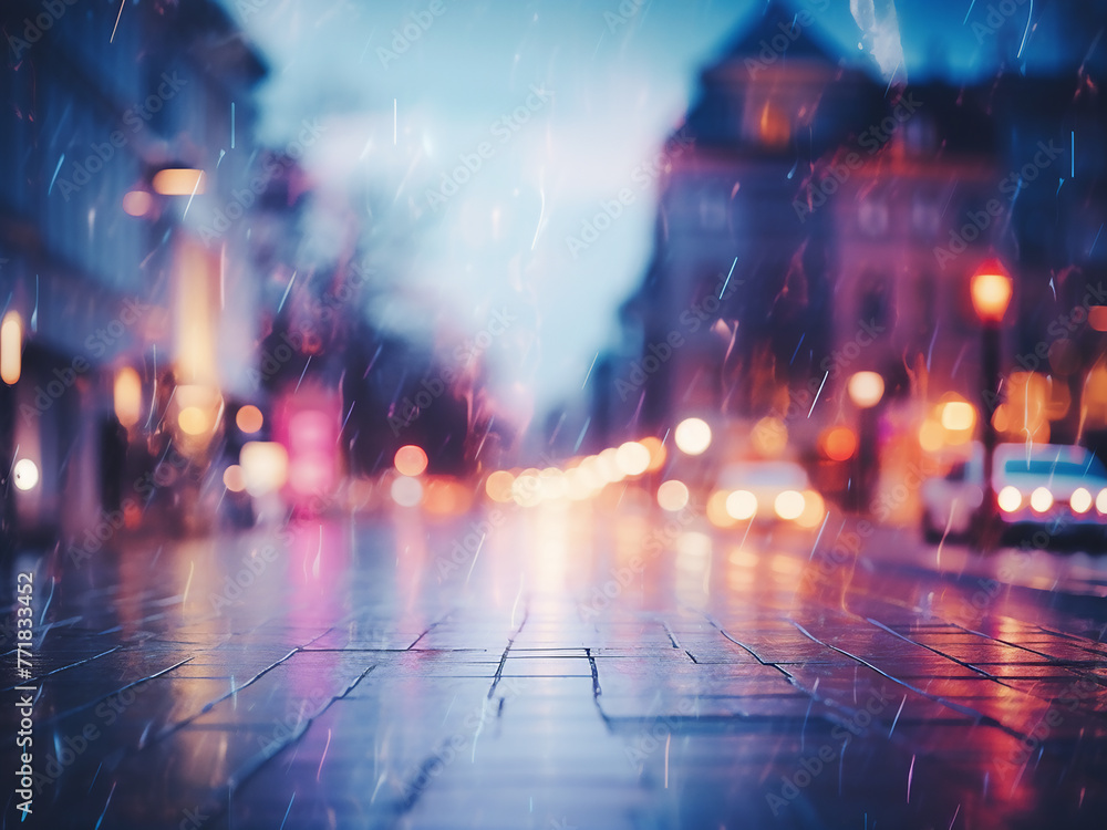 Pastel-toned city lights blur in abstract background.
