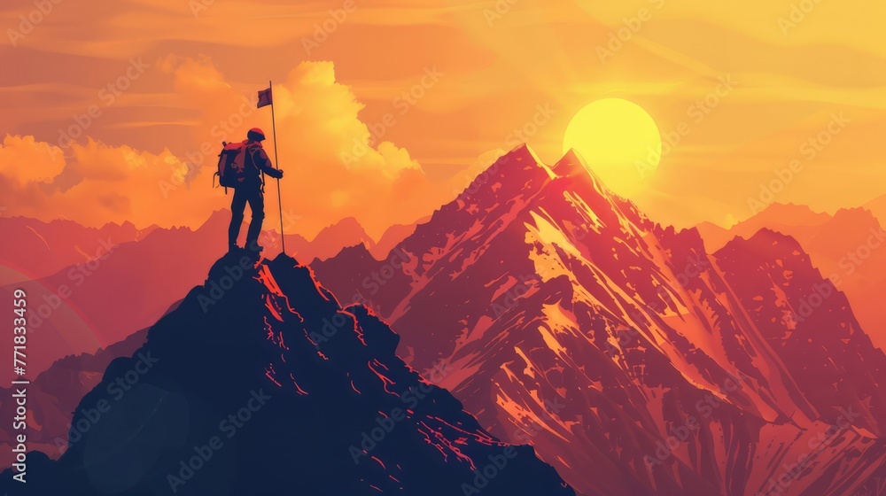 Hiker man heading to mountain top where there is a flag on top Hiker man heading to mountain top where there is a flag on top