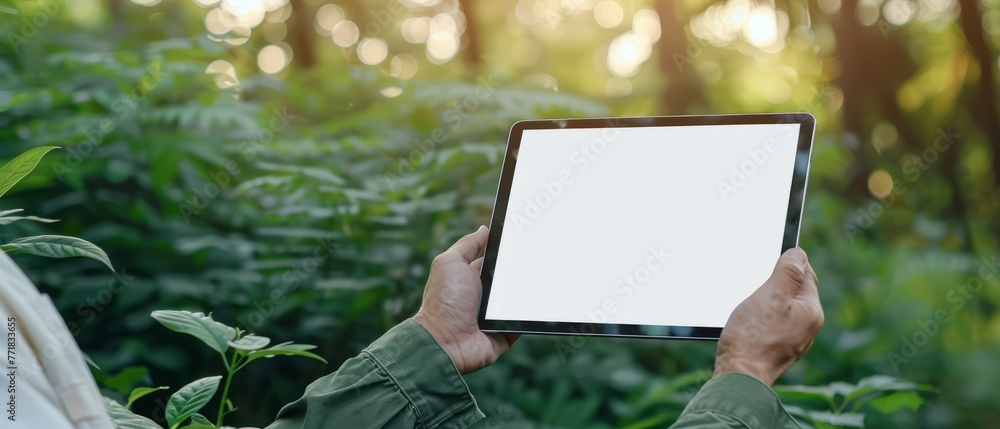 Mockup image of a man holding tablet pc with blank white desktop screen over green nature background Mockup image of a man holding tablet pc with blank white desktop screen over green nature background