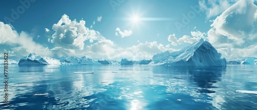 Melting of ice floes and icebergs in the waters of the Northern Arctic. Climate crisis, disaster concept photo