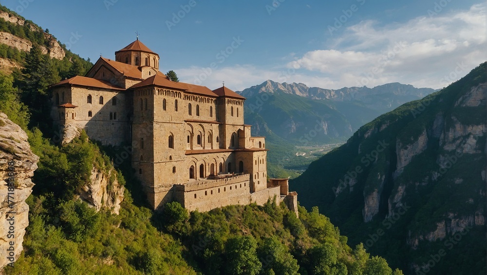 A photo of a monastery on a cliff.

