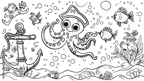 Coloring page with cute pirate octopus parrot and a © iclute4