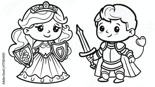 Coloring page with cute princess and knight on whit