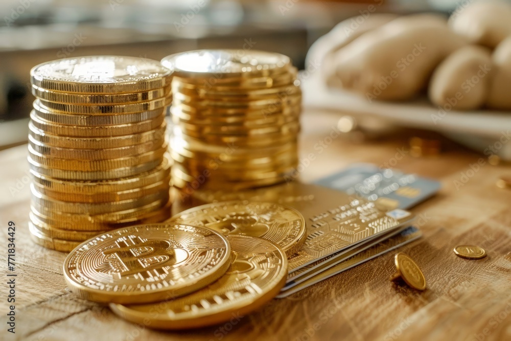 Golden Bitcoin Cryptocurrency with Stacks of Coins and Debit Cards on Wooden Table Golden Bitcoin Cryptocurrency with Stacks of Coins and Debit Cards on Wooden Table