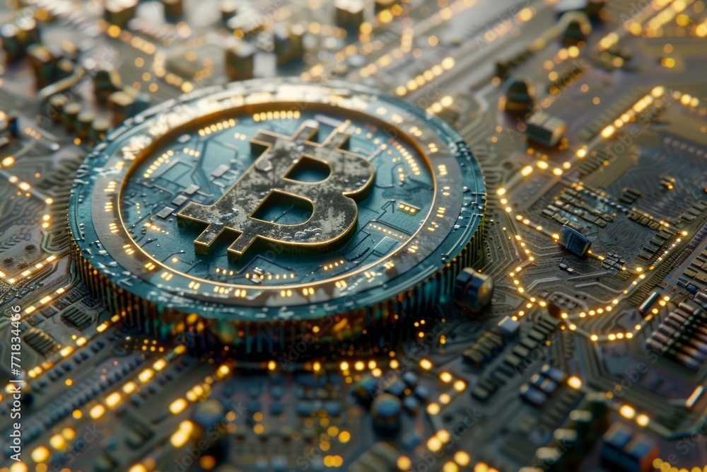 Shiny Bitcoin on Circuit Board Background Illustrating Cryptocurrency Technology and Digital Finance Concept Shiny Bitcoin on Circuit Board Background Illustrating Cryptocurrency Technology and Digital Finance Concept