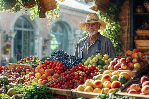 Frisch vom Feld: Bio-Bauer verkauft Obst und Gemüse auf dem Markt photo