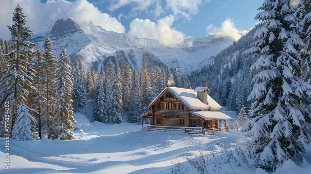 A cozy wooden chalet nestled amidst snow-covered pine trees in a secluded mountain valley.