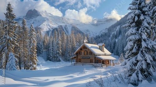 A cozy wooden chalet nestled amidst snow-covered pine trees in a secluded mountain valley. © muhammad