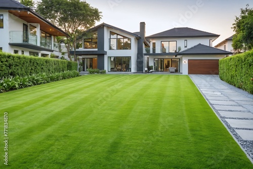 Modern house, luxury big house, villa facade. Cottage overlooking a green lawn. Landscape design. Large green lawn in front of the house. © 360VP