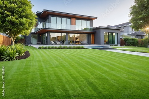 Modern house, luxury big house, villa facade. Cottage overlooking a green lawn. Landscape design. Large green lawn in front of the house.