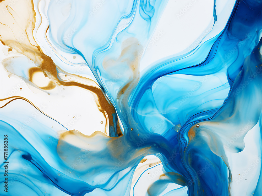 Obraz premium Intricate patterns emerge in blue, gold, and white alcohol ink.