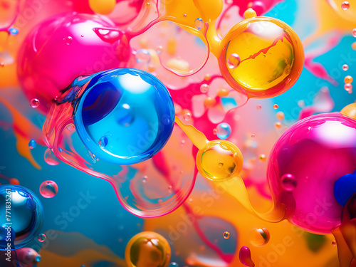 Bright colors flow in fluid patterns against a blue backdrop.
