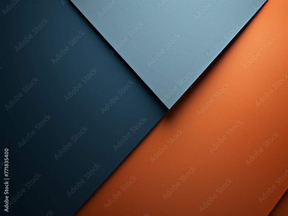 Sharp layers and shadows characterize an orange-blue metallic background.