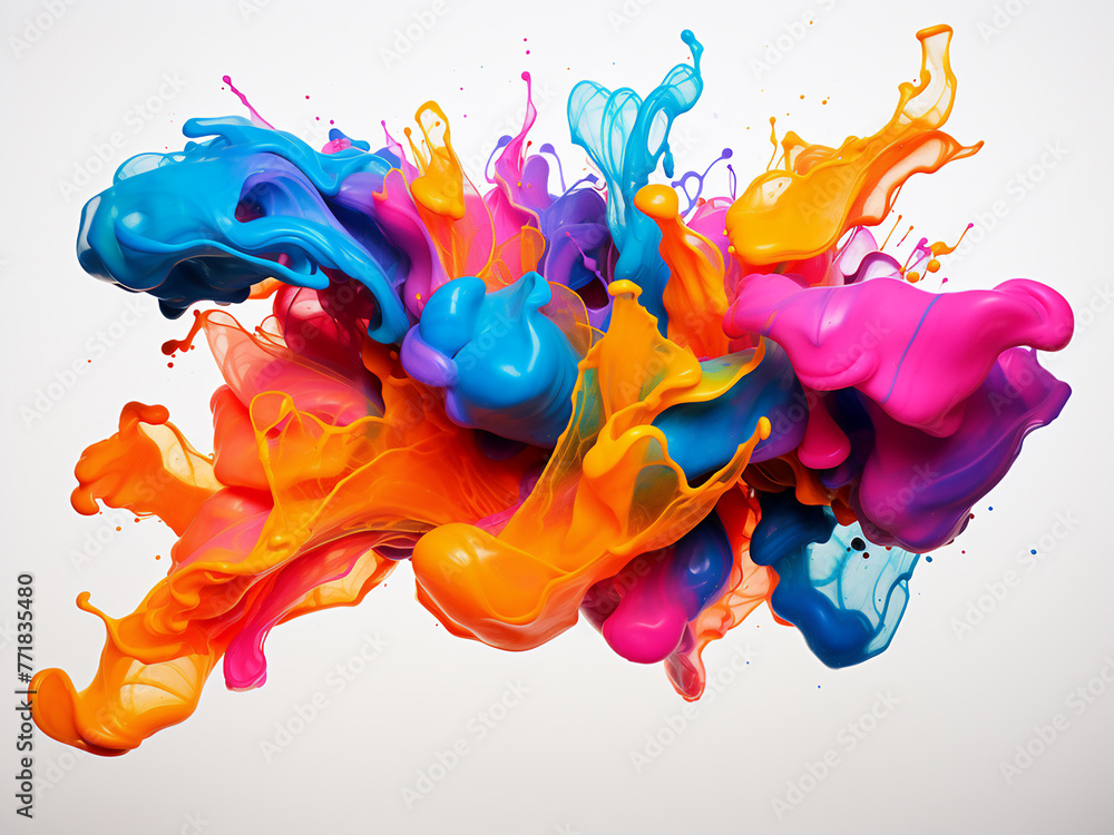 Colorful spilled ink creates an artistic abstract backdrop on white. - obrazy, fototapety, plakaty 