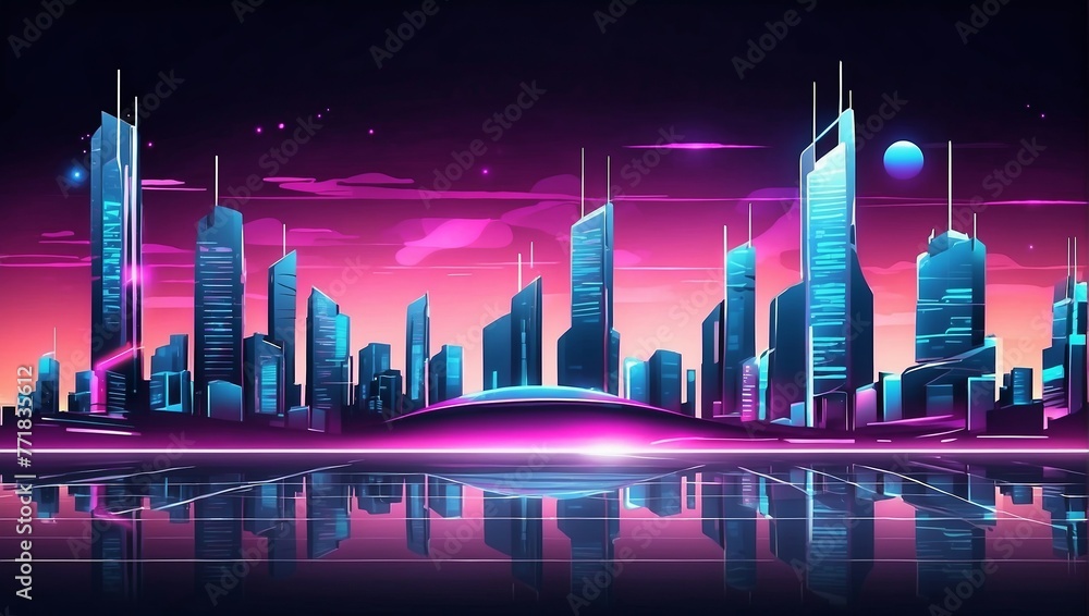 A digital painting of a futuristic city with skyscrapers and a river in the center.  futuristic  Background 


