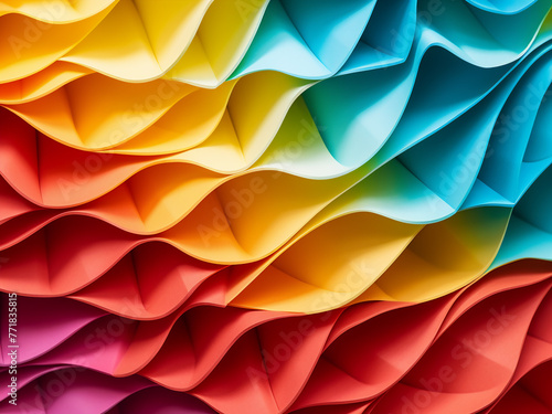 Curved paper sheets form an intricate origami pattern with reflective allure.