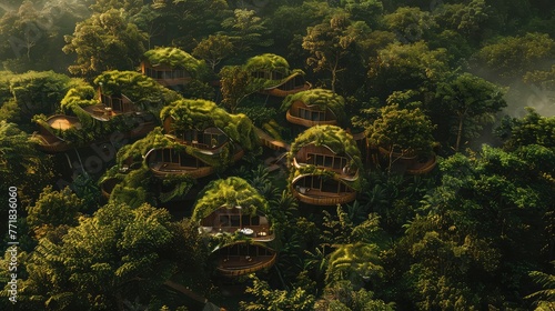 A bird's-eye view of a sustainable eco-village surrounded by lush greenery, emphasizing the potential for holistic, eco-conscious communities to thrive in harmony with nature. © Khalif