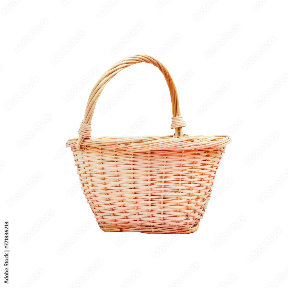 Storage basket made of wicker with a handle, on a transparent background