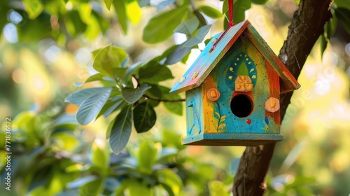 A homemade birdhouse painted in bright colors, hanging from a tree branch.