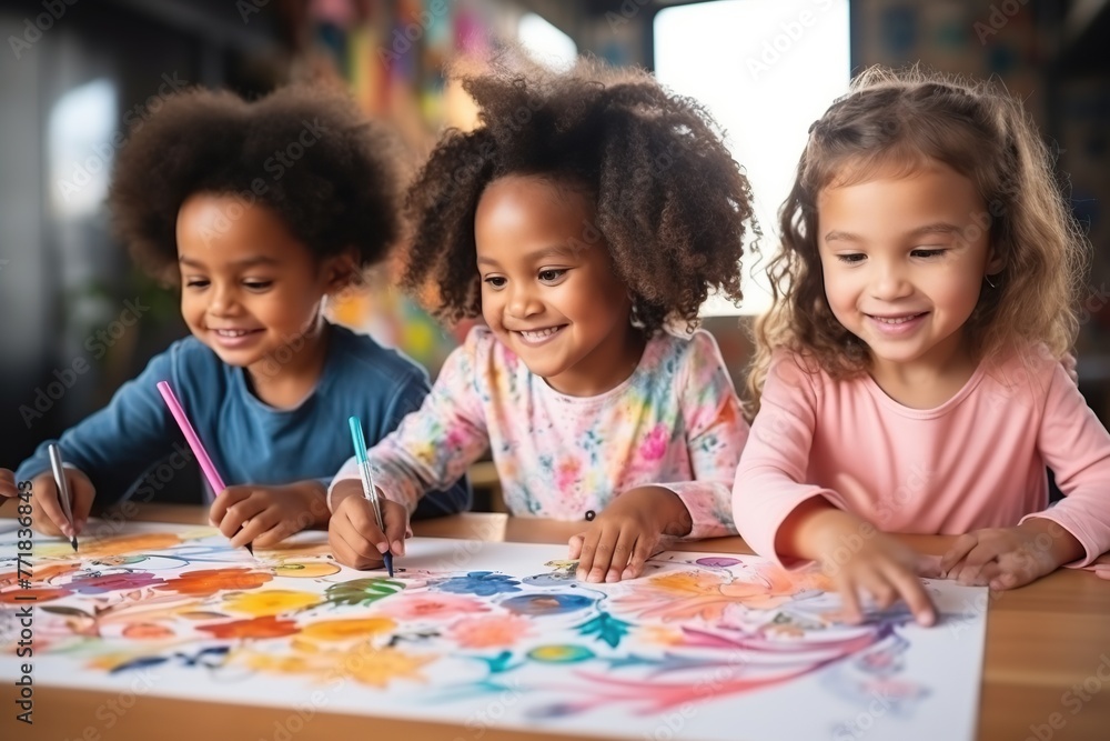 Happy afro girls, friends painting together at class. Happy afro girls, friends painting together at class.