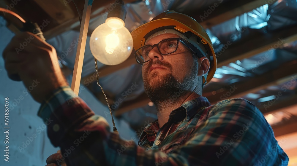 A cheerful electrician is attentively installing or repairing a light bulb in a residential setting
