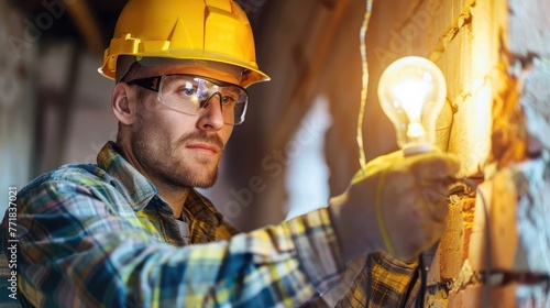 A cheerful electrician is attentively installing or repairing a light bulb in a residential setting photo