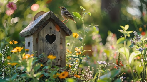 A charming birdhouse with heart-shaped entrance holes surrounded by flowers. © Khalif