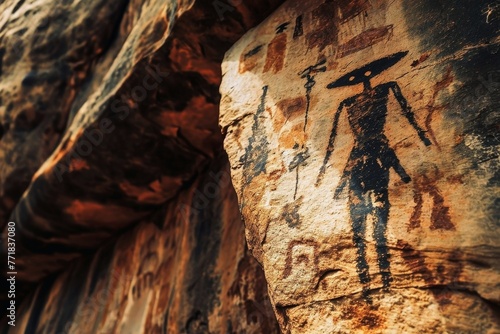 A UFO encounter as a cave painting on a rock face.