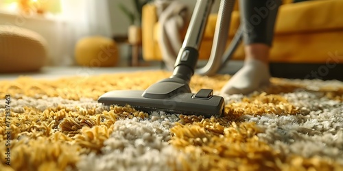 Person using a vacuum cleaner to clean a carpet in a closeup shot showing thorough cleaning. Concept Cleaning, Vacuum Cleaner, Carpet, Closeup Shot, Thorough Cleaning