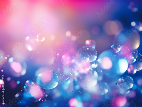 Glittery bokeh lights with water bubbles overlay a dark abstract background. © Llama-World-studio