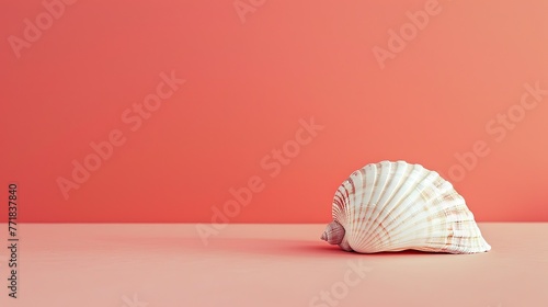 A solitary seashell placed elegantly on a tranquil coral-colored background  real photo  stock photography generative ai images