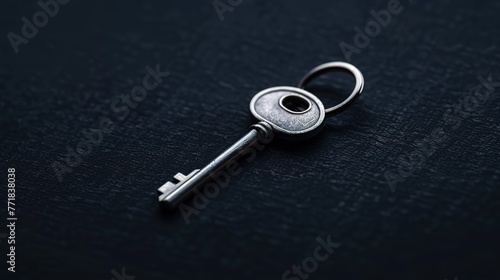A shiny silver key resting on a plain dark navy surface, minimalist presentation, stock photography ai generated high quality image © SazzadurRahaman