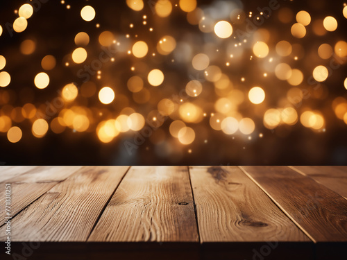 Bokeh lights adorn a festive Christmas background against an empty wooden table.