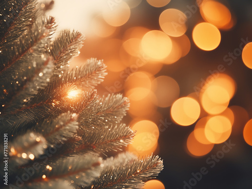 Defocused Christmas lights add a magical touch to the fir tree backdrop.