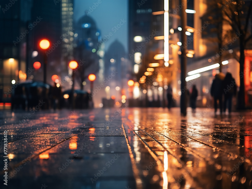 A blurred bokeh effect adds a dynamic touch to the city center's night street.