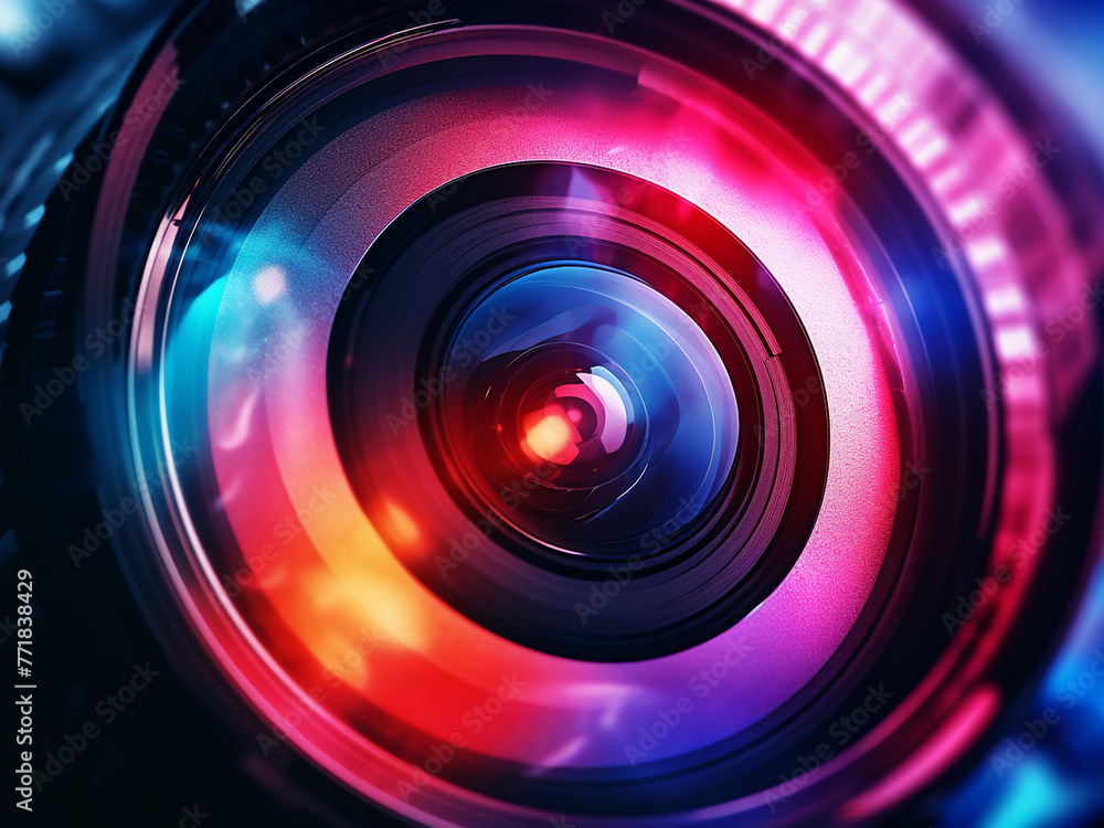 Professional camera lens aperture blades reveal color reflections. Professional camera lens aperture blades reveal color reflections.
