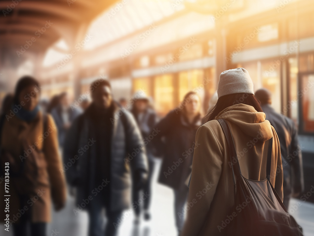 High-key blur depicts city commuters heading home after work, faces unrecognizable. High-key blur depicts city commuters heading home after work, faces unrecognizable.