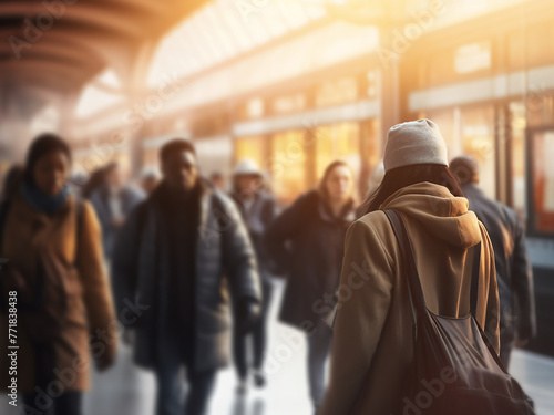 High-key blur depicts city commuters heading home after work, faces unrecognizable.
