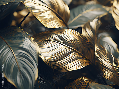 Elegant tropical leaves with golden and silver hues adorn abstract background.