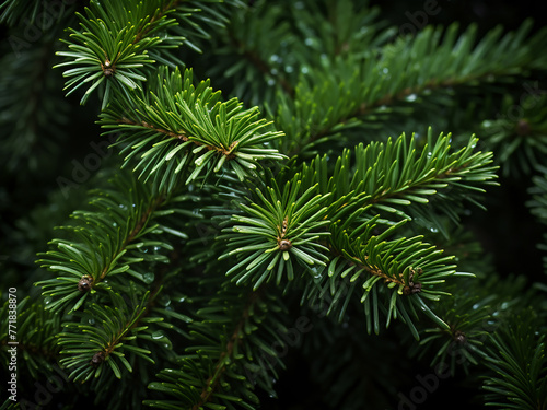 Detailed image shows the texture of coniferous tree needles.