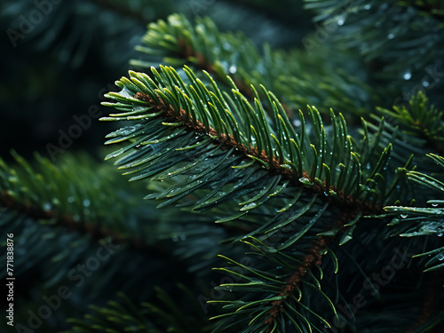 Close-up photo captures the texture of coniferous tree needles.