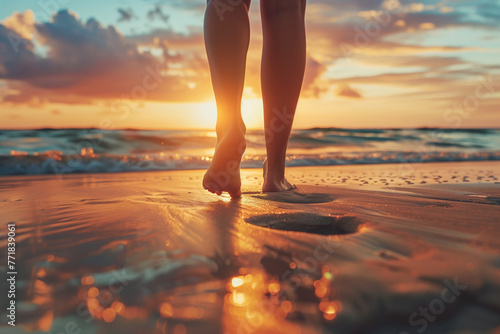 Low angle view of womans feet walking on a sandy beach on sunset. High quality photo