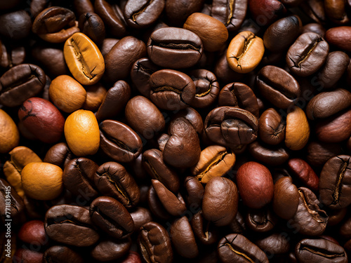 Toned image highlights coffee beans creating a colorful abstract backdrop.