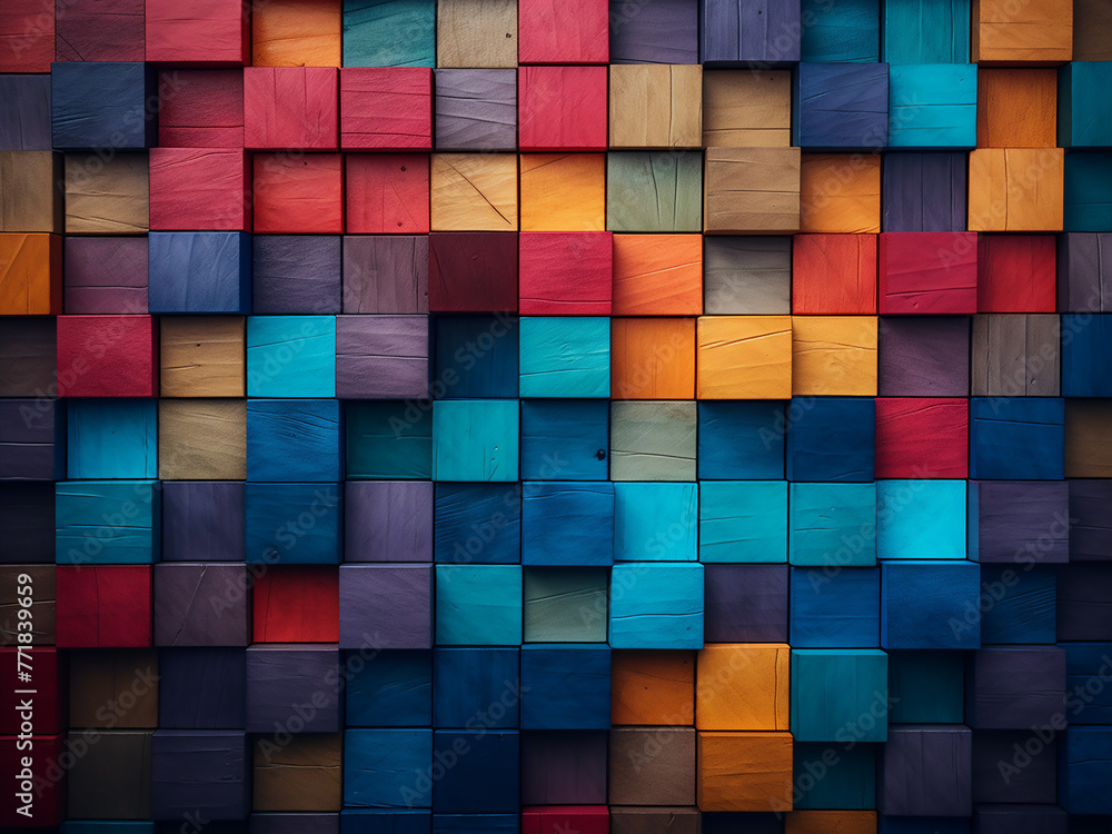 Vibrant hues and textures blend harmoniously in this wooden block wall backdrop. Vibrant hues and textures blend harmoniously in this wooden block wall backdrop.