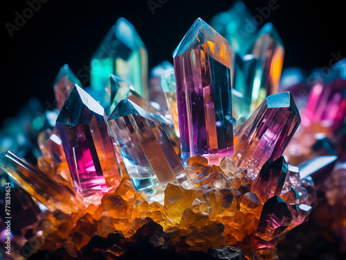 Vibrant hues of benzoic acid crystals under polarized light. photo